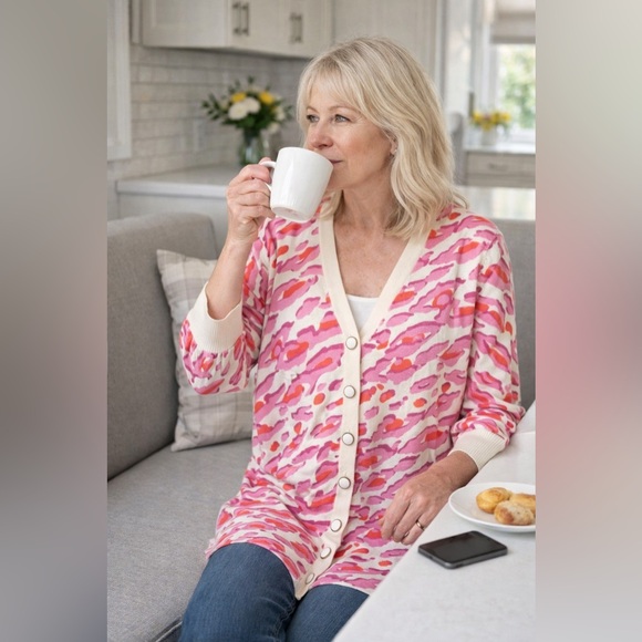 Bob Mackie Sweaters - Bob Mackie Wearable Art Pink Animal Print Button-Front Cardigan Size S